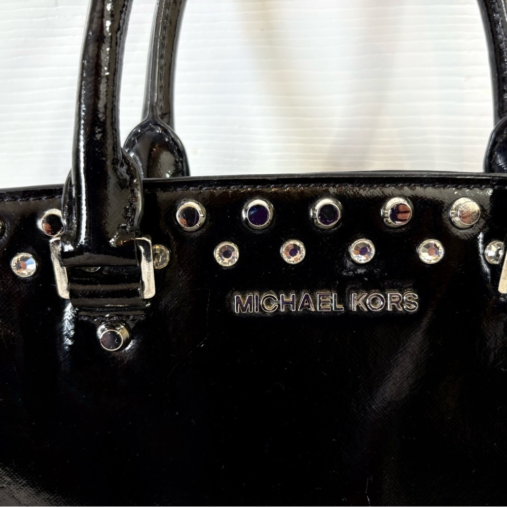 MK Michael Kors Black Patent Studded Rhinestone Handbag - Picture 2 of 9